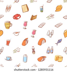Cheeses, Cutlery, Drinks, Japanese food and Seafood set. Background for printing, design, web. Usable as icons. Seamless. Colored.