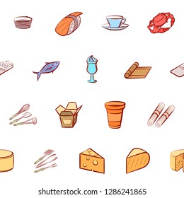 Cheeses, Cutlery, Drinks, Japanese food and Seafood set. Background for printing, design, web. Usable as icons. Seamless. Colored.