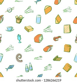 Cheeses, Cutlery, Drinks, Japanese food and Seafood set. Background for printing, design, web. Usable as icons. Seamless. Colored.