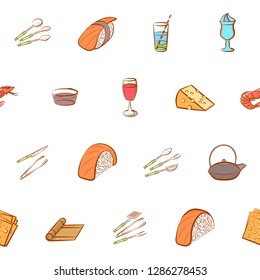 Cheeses, Cutlery, Drinks, Japanese food and Seafood set. Background for printing, design, web. Usable as icons. Seamless. Colored.