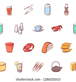 Cheeses, Cutlery, Drinks, Japanese food and Seafood set. Background for printing, design, web. Usable as icons. Seamless. Colored.