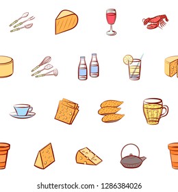 Cheeses, Cutlery, Drinks, Japanese food and Seafood set. Background for printing, design, web. Usable as icons. Seamless. Colored.