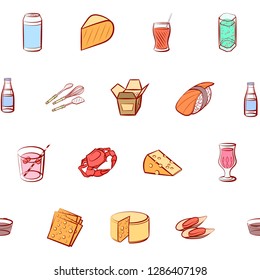 Cheeses, Cutlery, Drinks, Japanese food and Seafood set. Background for printing, design, web. Usable as icons. Seamless. Colored.