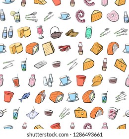 Cheeses, Cutlery, Drinks, Japanese food and Seafood set. Background for printing, design, web. Usable as icons. Seamless. Colored.