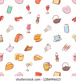 Cheeses, Cutlery, Drinks, Japanese food and Seafood set. Background for printing, design, web. Usable as icons. Seamless. Colored.