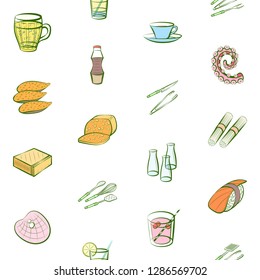 Cheeses, Cutlery, Drinks, Japanese food and Seafood set. Background for printing, design, web. Usable as icons. Seamless. Colored.