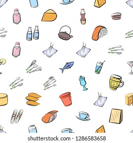 Cheeses, Cutlery, Drinks, Japanese food and Seafood set. Background for printing, design, web. Usable as icons. Seamless. Colored.