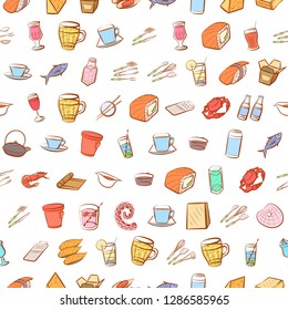 Cheeses, Cutlery, Drinks, Japanese food and Seafood set. Background for printing, design, web. Usable as icons. Seamless. Colored.