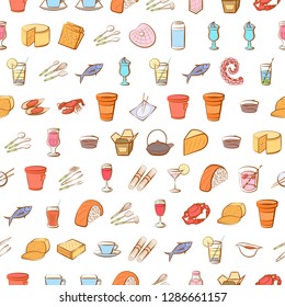 Cheeses, Cutlery, Drinks, Japanese food and Seafood set. Background for printing, design, web. Usable as icons. Seamless. Colored.