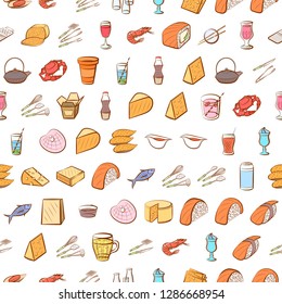 Cheeses, Cutlery, Drinks, Japanese food and Seafood set. Background for printing, design, web. Usable as icons. Seamless. Colored.