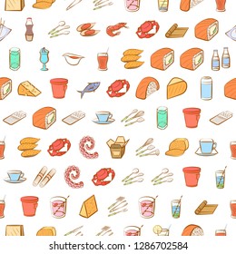 Cheeses, Cutlery, Drinks, Japanese food and Seafood set. Background for printing, design, web. Usable as icons. Seamless. Colored.