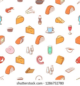 Cheeses, Cutlery, Drinks, Japanese food and Seafood set. Background for printing, design, web. Usable as icons. Seamless. Colored.