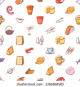 Cheeses, Cutlery, Drinks, Japanese food and Seafood set. Background for printing, design, web. Usable as icons. Seamless. Colored.