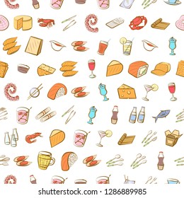 Cheeses, Cutlery, Drinks, Japanese food and Seafood set. Background for printing, design, web. Usable as icons. Seamless. Colored.