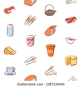 Cheeses, Cutlery, Drinks, Japanese food and Seafood set. Background for printing, design, web. Usable as icons. Seamless. Colored.