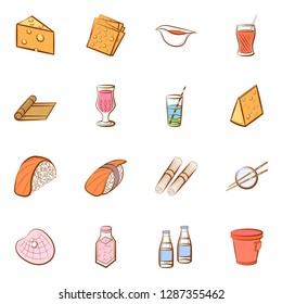 Cheeses, Cutlery, Drinks, Japanese food and Seafood set. Background for printing, design, web. Usable as icons. Colored.