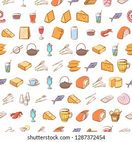 Cheeses, Cutlery, Drinks, Japanese food and Seafood set. Background for printing, design, web. Usable as icons. Seamless. Colored.
