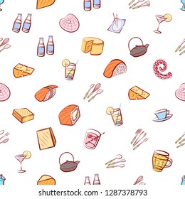 Cheeses, Cutlery, Drinks, Japanese food and Seafood set. Background for printing, design, web. Usable as icons. Seamless. Colored.