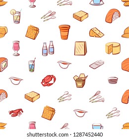 Cheeses, Cutlery, Drinks, Japanese food and Seafood set. Background for printing, design, web. Usable as icons. Seamless. Colored.