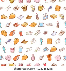 Cheeses, Cutlery, Drinks, Japanese food and Seafood set. Background for printing, design, web. Usable as icons. Seamless. Colored.