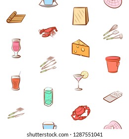 Cheeses, Cutlery, Drinks, Japanese food and Seafood set. Background for printing, design, web. Usable as icons. Seamless. Colored.