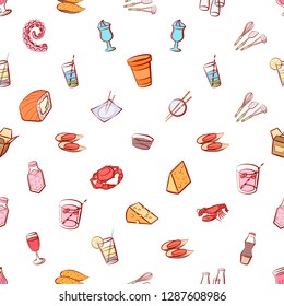 Cheeses, Cutlery, Drinks, Japanese food and Seafood set. Background for printing, design, web. Usable as icons. Seamless. Colored.