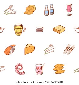 Cheeses, Cutlery, Drinks, Japanese food and Seafood set. Background for printing, design, web. Usable as icons. Seamless. Colored.