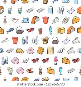 Cheeses, Cutlery, Drinks, Japanese food and Seafood set. Background for printing, design, web. Usable as icons. Seamless. Colored.