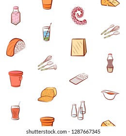 Cheeses, Cutlery, Drinks, Japanese food and Seafood set. Background for printing, design, web. Usable as icons. Seamless. Colored.