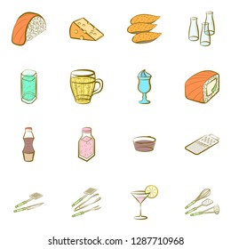 Cheeses, Cutlery, Drinks, Japanese food and Seafood set. Background for printing, design, web. Usable as icons. Colored.