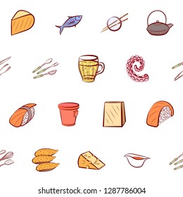 Cheeses, Cutlery, Drinks, Japanese food and Seafood set. Background for printing, design, web. Usable as icons. Seamless. Colored.