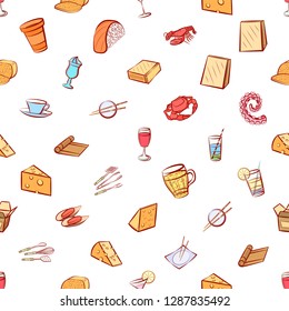 Cheeses, Cutlery, Drinks, Japanese food and Seafood set. Background for printing, design, web. Usable as icons. Seamless. Colored.