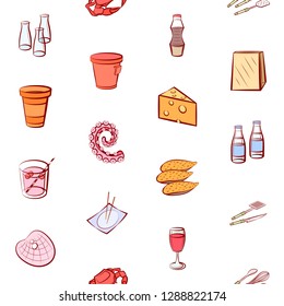 Cheeses, Cutlery, Drinks, Japanese food and Seafood set. Background for printing, design, web. Usable as icons. Seamless. Colored.