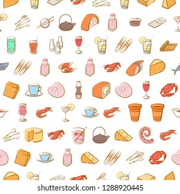 Cheeses, Cutlery, Drinks, Japanese food and Seafood set. Background for printing, design, web. Usable as icons. Seamless. Colored.