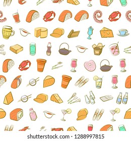 Cheeses, Cutlery, Drinks, Japanese food and Seafood set. Background for printing, design, web. Usable as icons. Seamless. Colored.