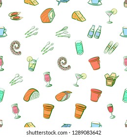 Cheeses, Cutlery, Drinks, Japanese food and Seafood set. Background for printing, design, web. Usable as icons. Seamless. Colored.