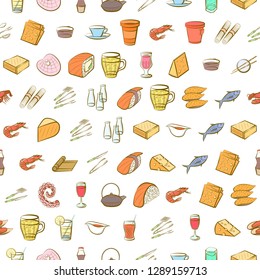 Cheeses, Cutlery, Drinks, Japanese food and Seafood set. Background for printing, design, web. Usable as icons. Seamless. Colored.