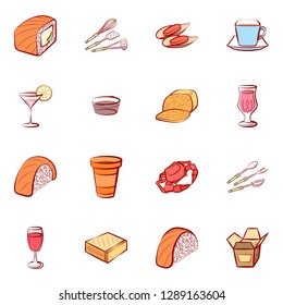 Cheeses, Cutlery, Drinks, Japanese food and Seafood set. Background for printing, design, web. Usable as icons. Colored.