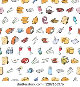 Cheeses, Cutlery, Drinks, Japanese food and Seafood set. Background for printing, design, web. Usable as icons. Seamless. Colored.