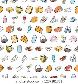 Cheeses, Cutlery, Drinks, Japanese food and Seafood set. Background for printing, design, web. Usable as icons. Seamless. Colored.