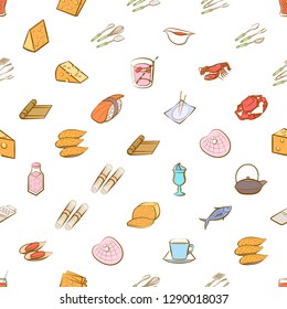 Cheeses, Cutlery, Drinks, Japanese food and Seafood set. Background for printing, design, web. Usable as icons. Seamless. Colored.