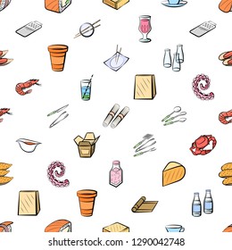 Cheeses, Cutlery, Drinks, Japanese food and Seafood set. Background for printing, design, web. Usable as icons. Seamless. Colored.