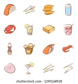 Cheeses, Cutlery, Drinks, Japanese food and Seafood set. Background for printing, design, web. Usable as icons. Colored.