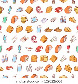 Cheeses, Cutlery, Drinks, Japanese food and Seafood set. Background for printing, design, web. Usable as icons. Seamless. Colored.