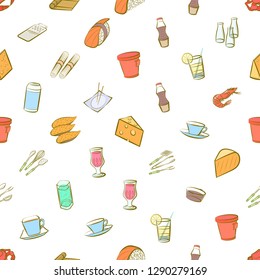 Cheeses, Cutlery, Drinks, Japanese food and Seafood set. Background for printing, design, web. Usable as icons. Seamless. Colored.