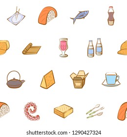 Cheeses, Cutlery, Drinks, Japanese food and Seafood set. Background for printing, design, web. Usable as icons. Seamless. Colored.