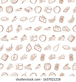 Cheeses, Cutlery and Fruits set. Background for printing, design, web. Usable as icons. Seamless. Binary color.