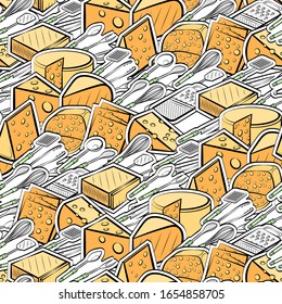 Cheeses and Cutlery pattern. Background for printing, design, web. Seamless. Colored.