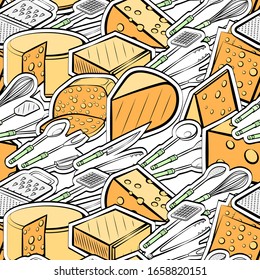 Cheeses and Cutlery pattern. Background for printing, design, web. Seamless. Colored.