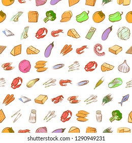 Cheeses, Cutlery, Seafood, Table setting and Vegetables set. Background for printing, design, web. Usable as icons. Seamless. Colored.